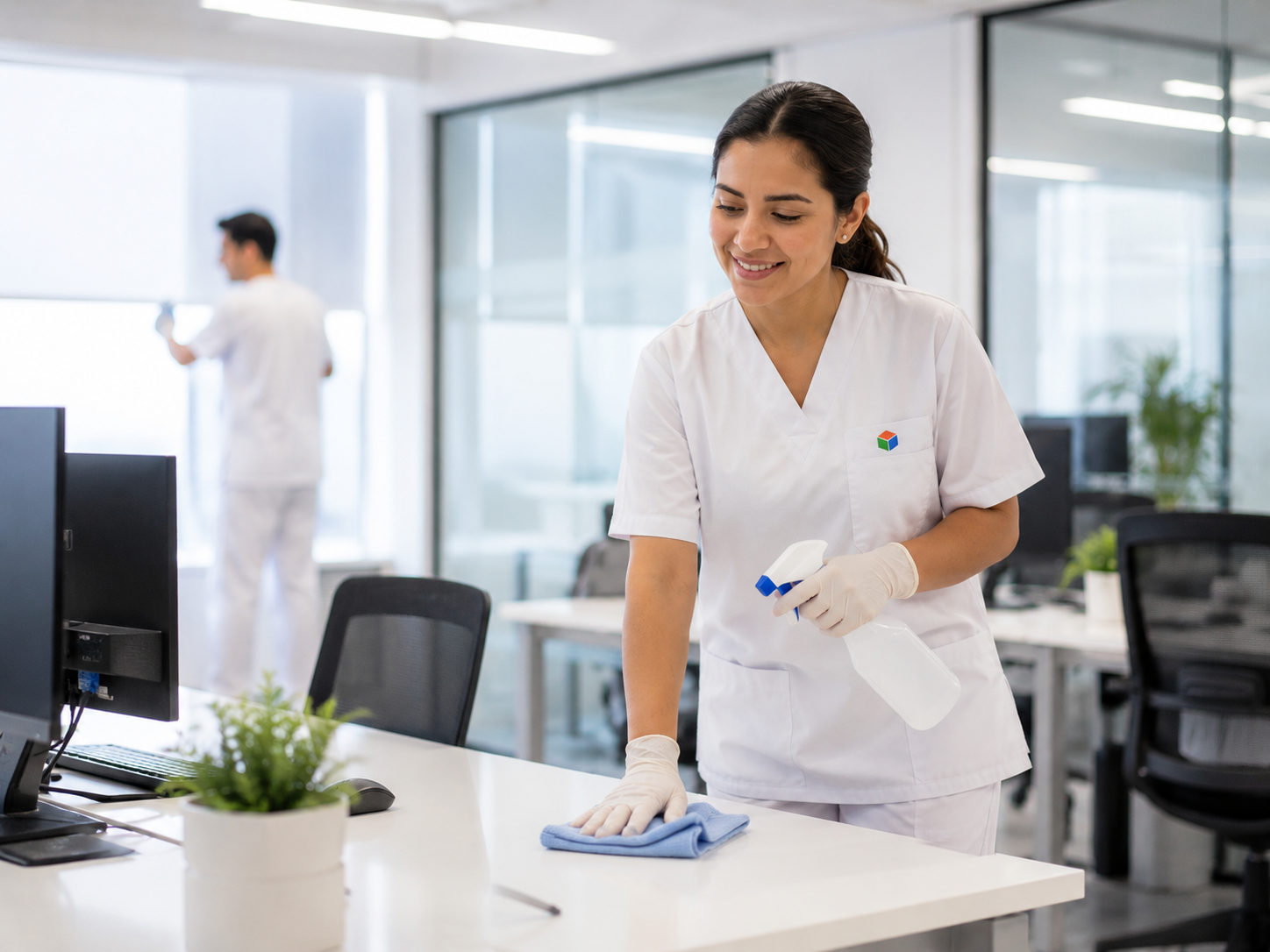 Profesional de limpieza en instalaciones de trabajo