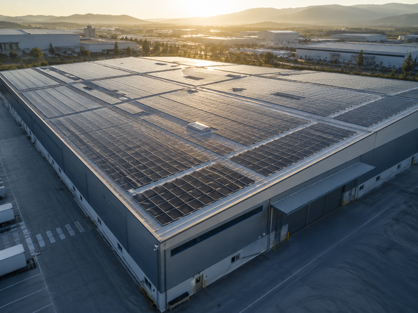 Cubierta industrial con placas solares en entorno empresarial
