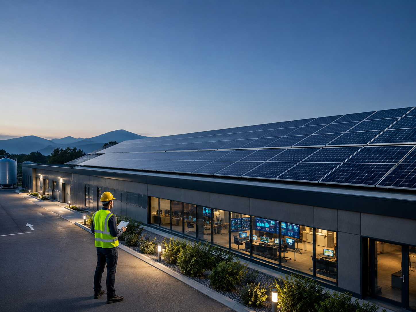 Cubierta empresarial con placas solares en entorno industrial