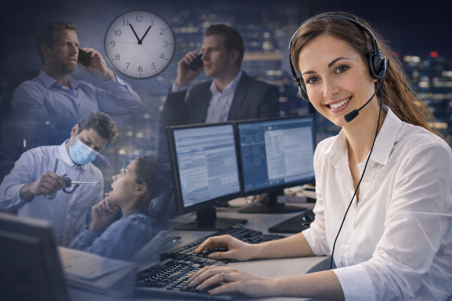 Operadora profesional atendiendo llamadas en un entorno corporativo