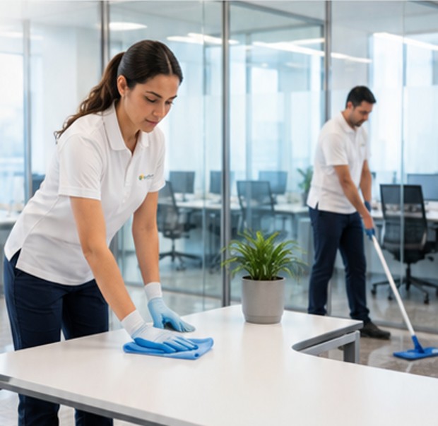 Profesionales realizando limpieza en una oficina